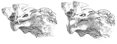 Otachi head concepts by Guy Davis. The tendons were removed from the final design.